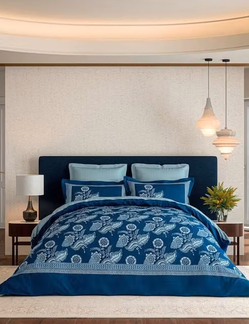 V&A Eastern Bloom Pure Cotton Floral Bedding Set, Indigo Mix, W: 180 cm, L: 200 cm