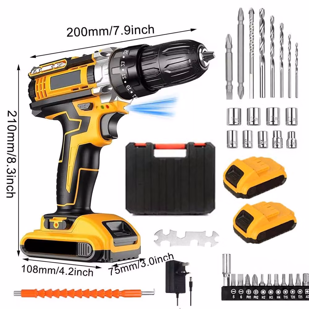 Ventryn 21V Cordless Combi Drill and Electric Screwdriver in Yellow with 2 Rechargeable Batteries – 2