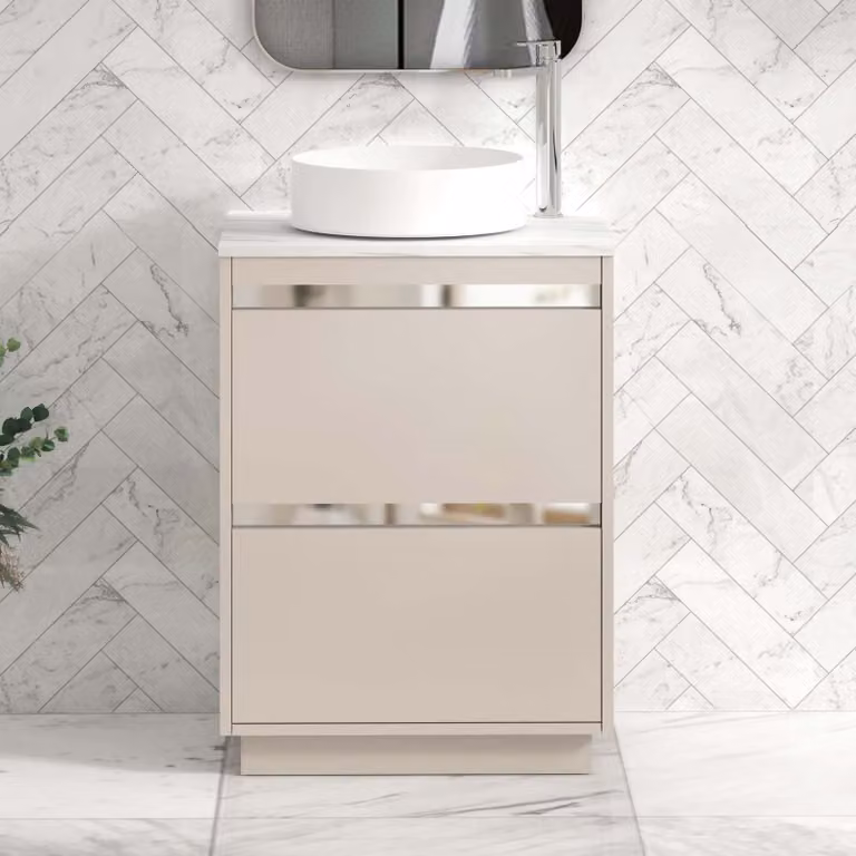 Royal Bathrooms Orion 800mm Warm Taupe Floor Standing Bathroom Vanity Unit with 2 Drawers, Carrara White Undrilled Worktop and Chrome Accent Trim