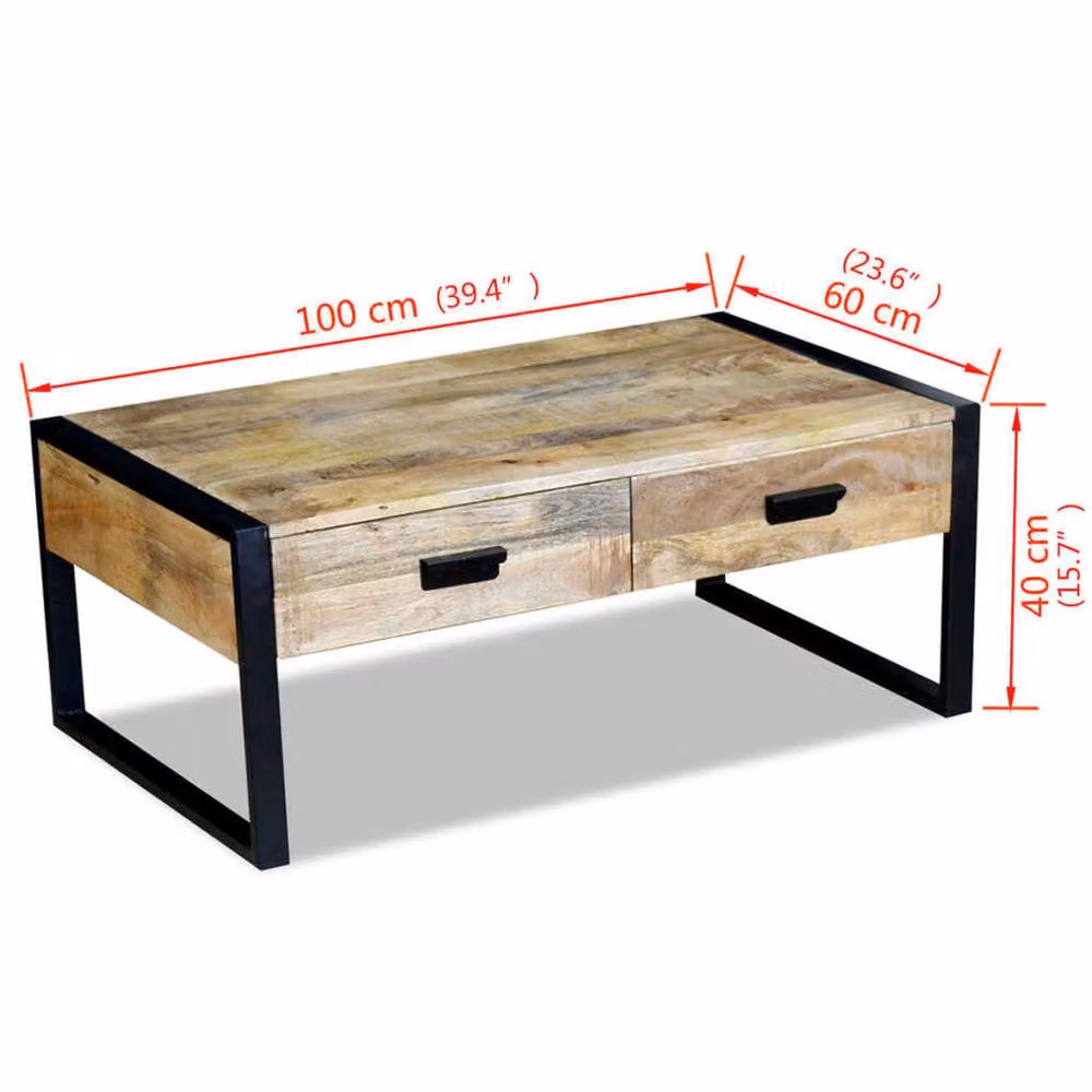 Berkfield Home Solid Mango Wood Coffee Table with 2 Drawers, Brown, W: 100 cm, D: 60 cm, H: 40 cm – 3