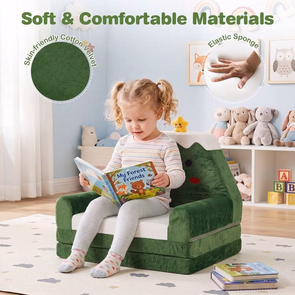 CASART 2-in-1 Childrens Kid Sofa to Lounger Fold Out Couch with Removable Cover, Green – 5
