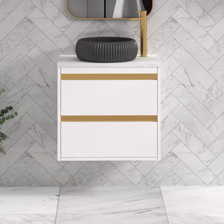 Royal Bathrooms Orion 800mm Matt White Wall Hung 2 Drawer Vanity Unit with Milan Black Basin and Brushed Brass Accent Trim