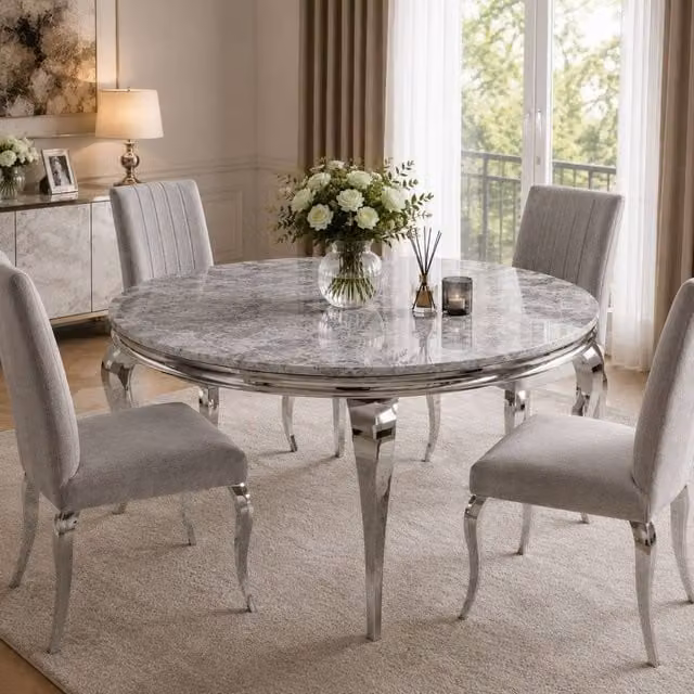 Stratus Interiors Louis Premium Marble Dining Table in Light Grey, W: 200 cm, D: 100 cm, H: 74 cm