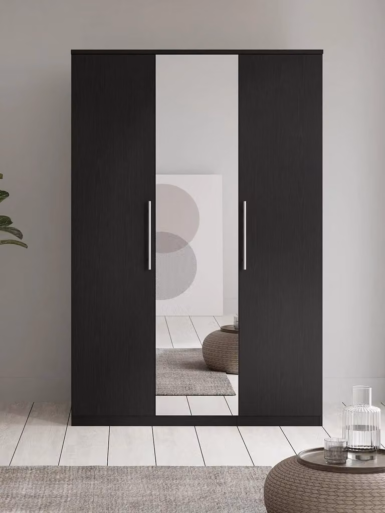 Prague 3 Door Mirrored Wardrobe in Black with Glass Doors and Internal Shelving
