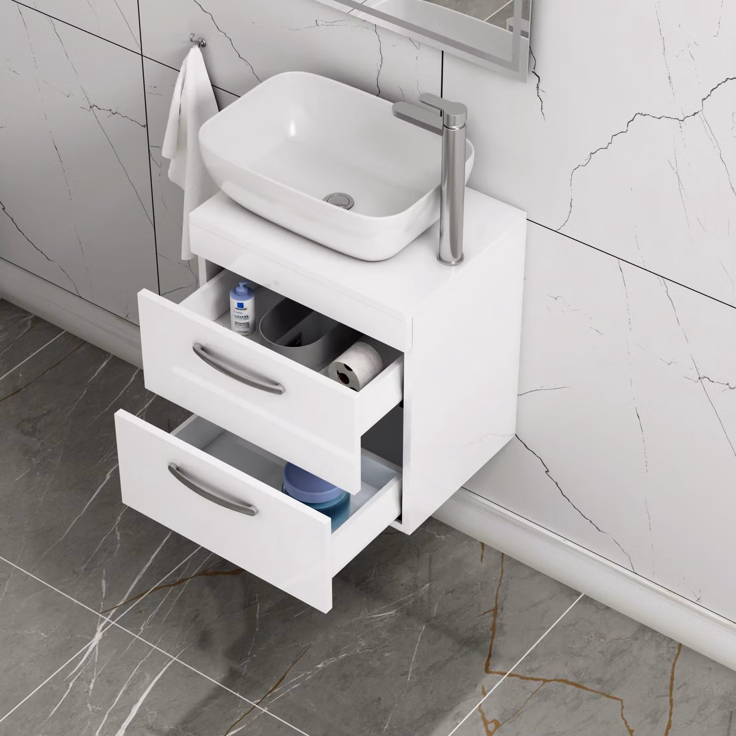 Royal Bathrooms 500mm Wall Hung Gloss White 2 Drawer Vanity Unit with Elva Countertop Basin
