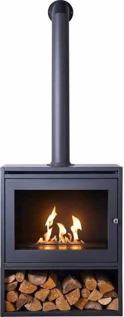 OKO S6 Bio Ethanol Stove and Log Store in Grey with Extra Tall Angled Metal Pipe – 1