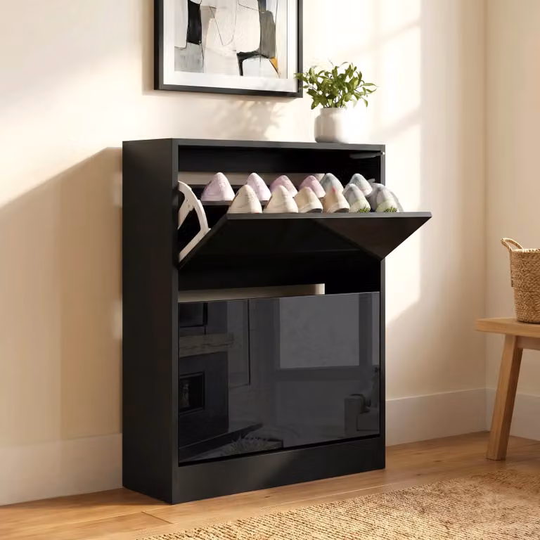 Modern High Gloss Black Slim Shoe Storage Cabinet with 2 Tilting Compartments for your Hallway