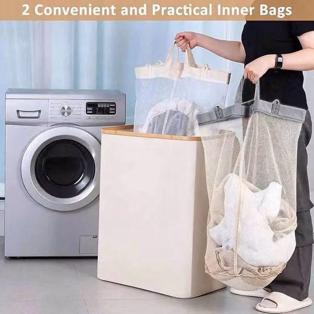 EONLION Beige Laundry Washing Basket with Lid and Handles, 150L, Collapsible Bamboo and Fabric Design – 1