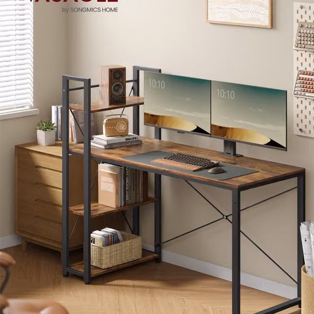 VASAGLE Computer Desk with Adjustable Storage Shelf, Bronze/Brown