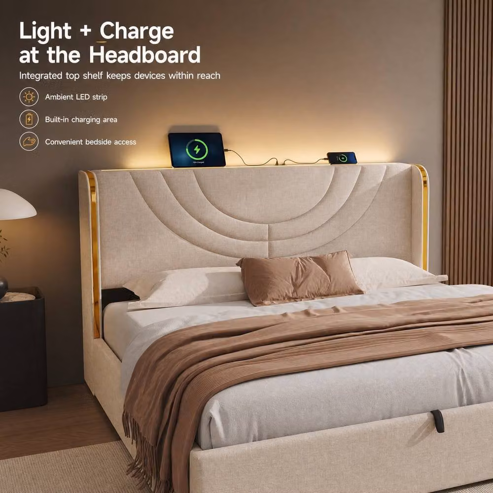 STILVORA King Size Fabric Bed Frame in Beige with Hydraulic Lift-Up Storage, LED Headboard and USB Charging Port, W/D/H: 180 x 200 x 108 cm – 4