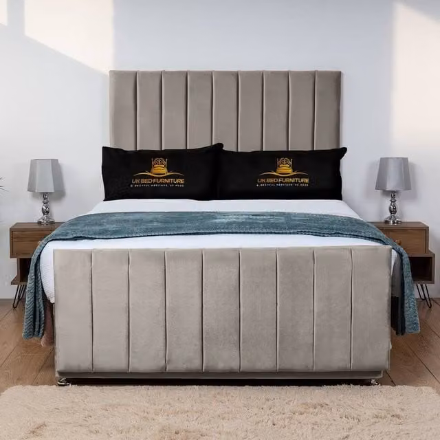 UK Bed Furniture Hampton Divan Bed Base with 26 Inch Headboard, Light Beige, W/D/H: 90 x 190 x 66.04 cm