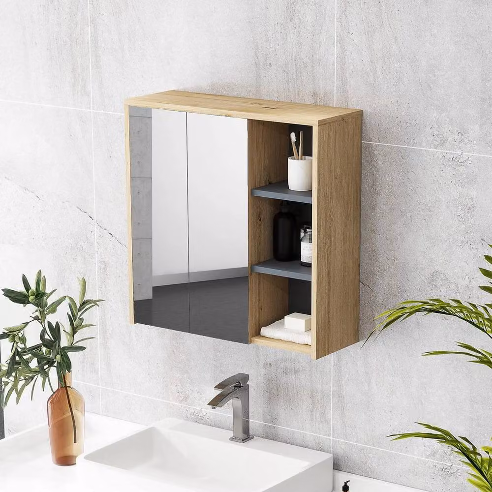 NESTLUNE Wall Mounted Light Oak Bathroom Cabinet with Mirror and Internal Shelves – 4