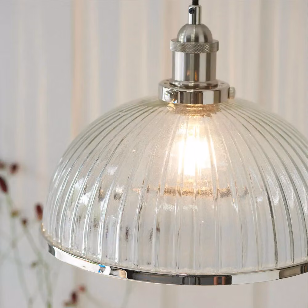 Loops Hanging Ceiling Pendant Light with Transparent Ribbed Glass Dome and Silver Metal Holder – 2