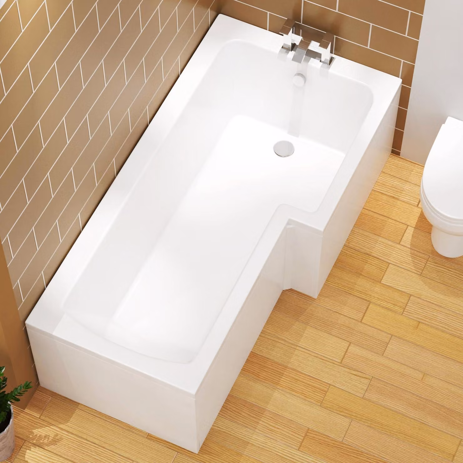 Qubix White Acrylic L-Shaped Square Corner Shower Bath with MDF Front and End Panels, W: 150 cm, D: 85 cm