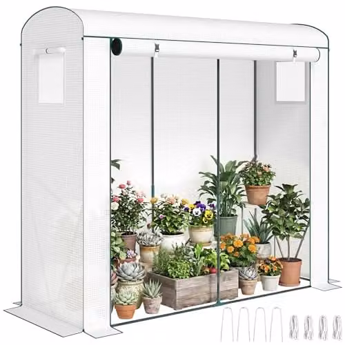 Outsunny Mini Greenhouse with Roller Door and Mesh Windows, White, W/D/H: 200 x 75 x 188 cm