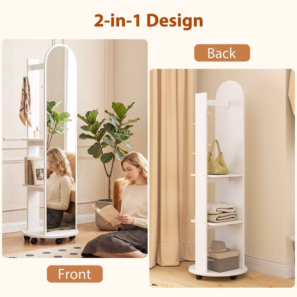 Rolipo 2-in-1 Full Length Mirror with Shelves, Wheels and Hooks, White
