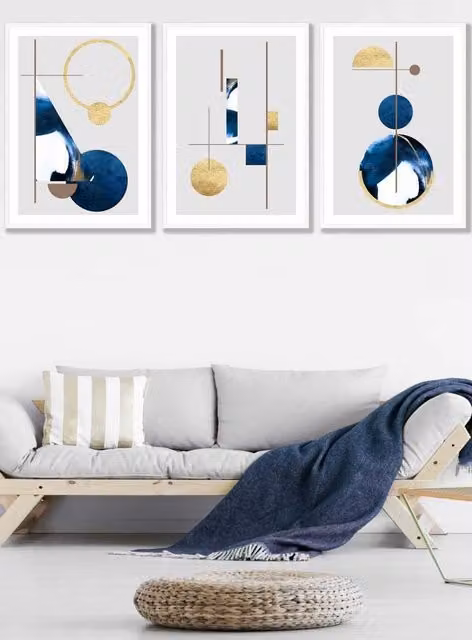 ARTZE Abstract Geometric Textured Wall Art in Navy Blue, Gold and White, W: 53 cm, H: 73 cm, D: 0.2 cm