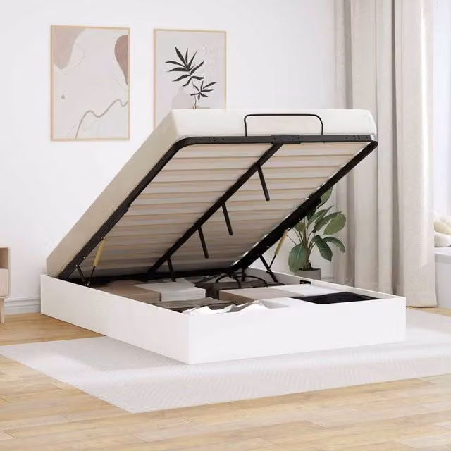 Berkfield Home White Upholstered Ottoman Bed Frame with Lift Up Base, W/D/H: 140 x 200 x 25 cm – 1
