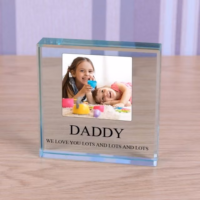 Uniqueful Personalised Photo Glass Token in Transparent and Beige Square Design for Father's Day