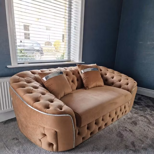 Stratus Interiors Ambassador Chesterfield Sofa in Tan Plush Velvet with Silver Trim – 1