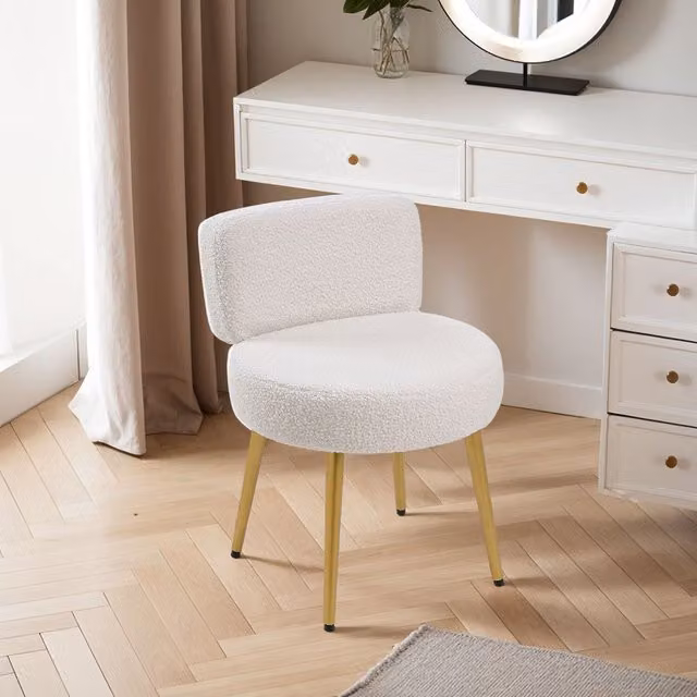 Livingandhome White Bouclé Cylindrical Dressing Table Stool with Metal Legs