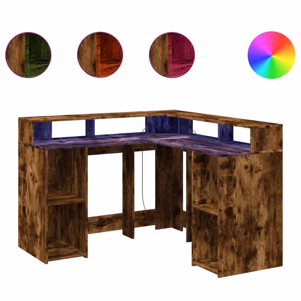 Berkfield Home Gaming Desk with LED Lights in Smoked Oak Brown, W/D/H: 130 x 130 x 91 cm – 3