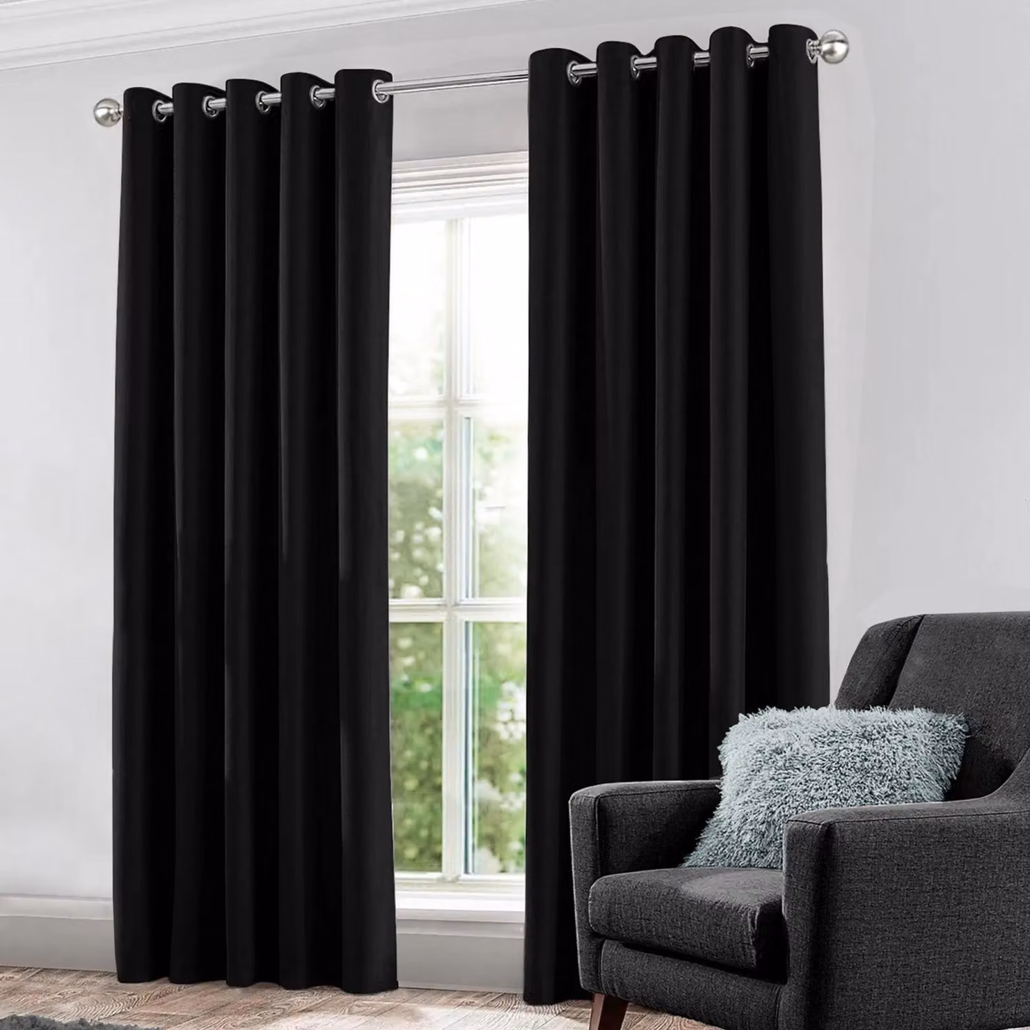 Velosso Kassidy Blackout Velvet Eyelet Curtains in Black, Width: 168 cm, Drop: 137 cm – 2