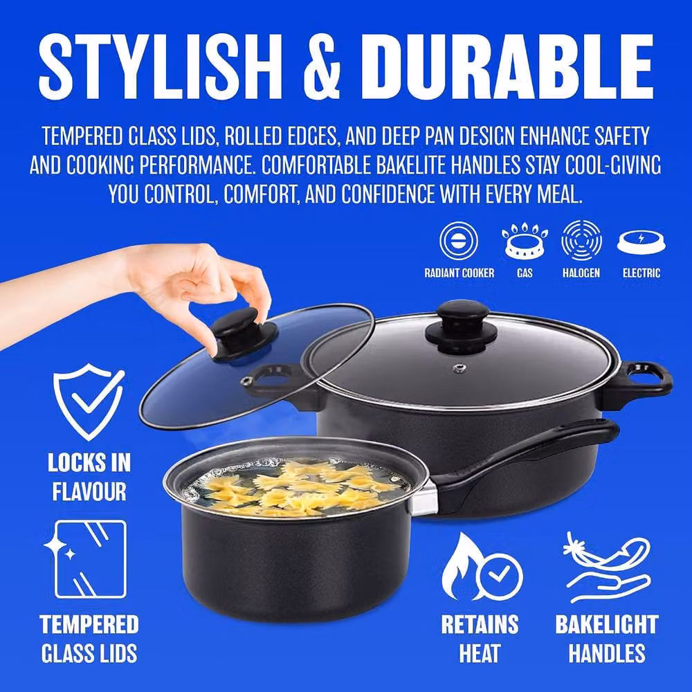 BARGAINS-GALORE 8-Piece Non-Stick Cookware Set in Black with Saucepans, Frying Pan and Lids – 3