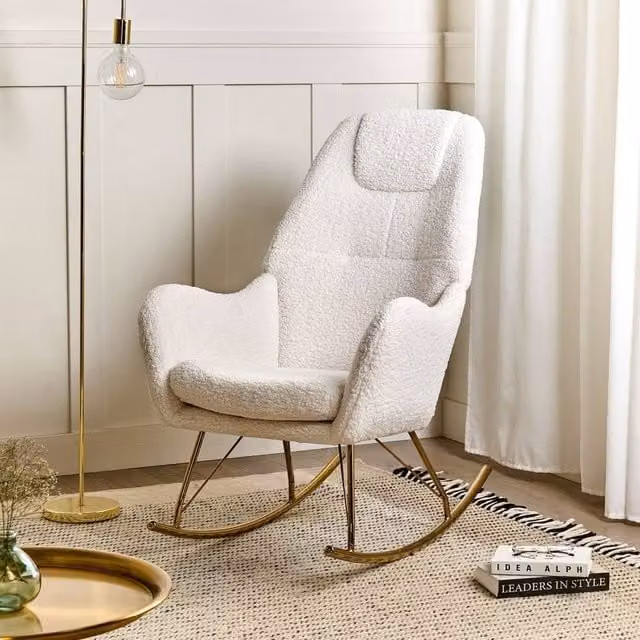 Wyld and Coco Luxe Living Rocking Chair in White Boucle with Gold-Coloured Legs