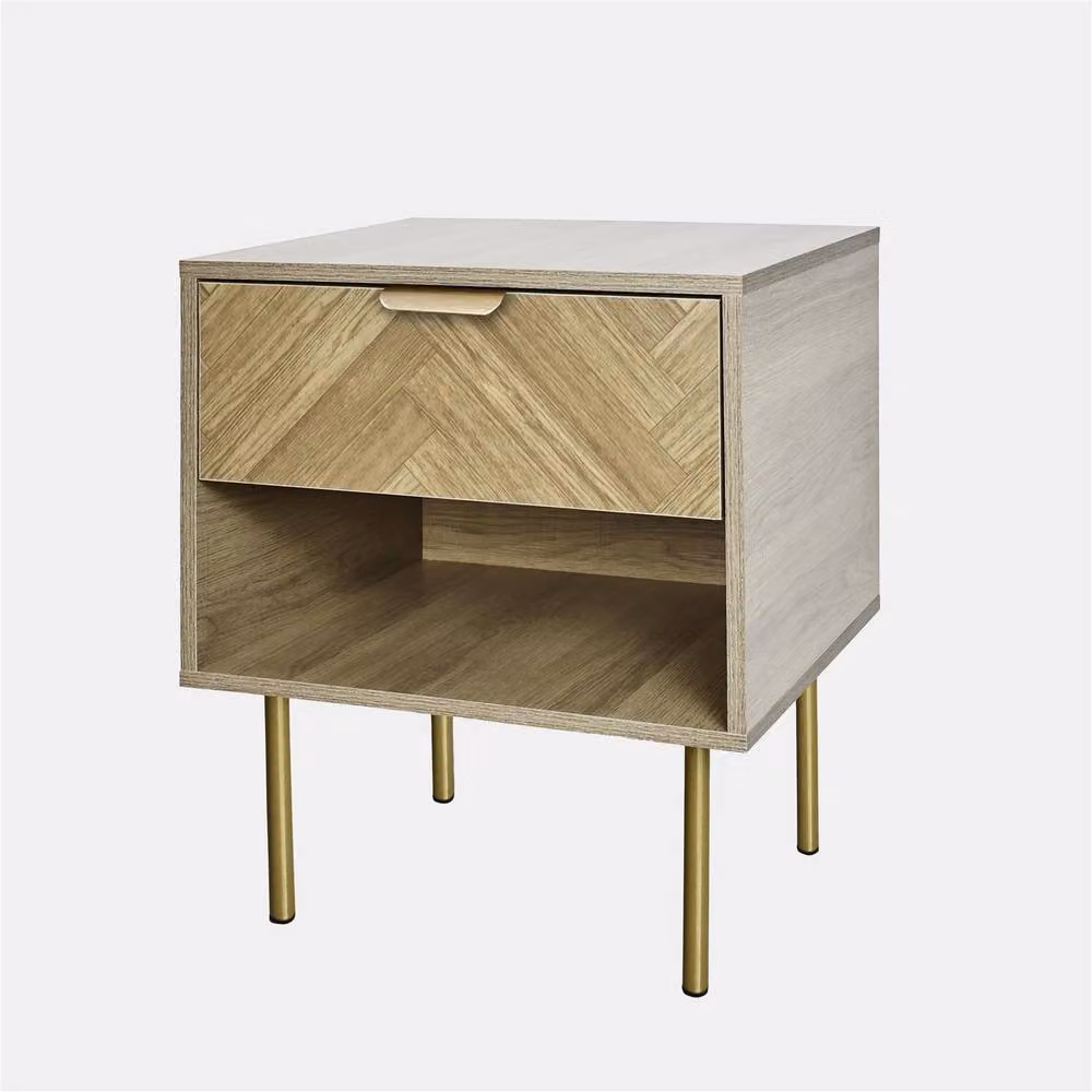 OHS Chevron Bedside Table 1 Drawer Cabinet Nightstand Storage Unit in Light Oak – 2