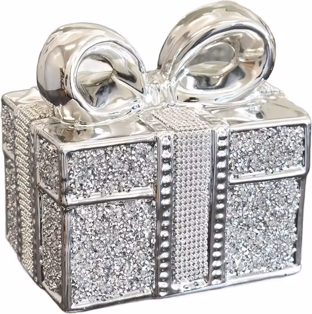 DEENZ Silver Ceramic Crushed Diamond Sparkling Gift Box Tabletop Ornament