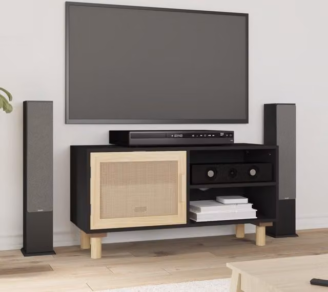 Berkfield Home Black TV Cabinet in Solid Pine and Natural Rattan, W/D/H: 80 x 30 x 40 cm