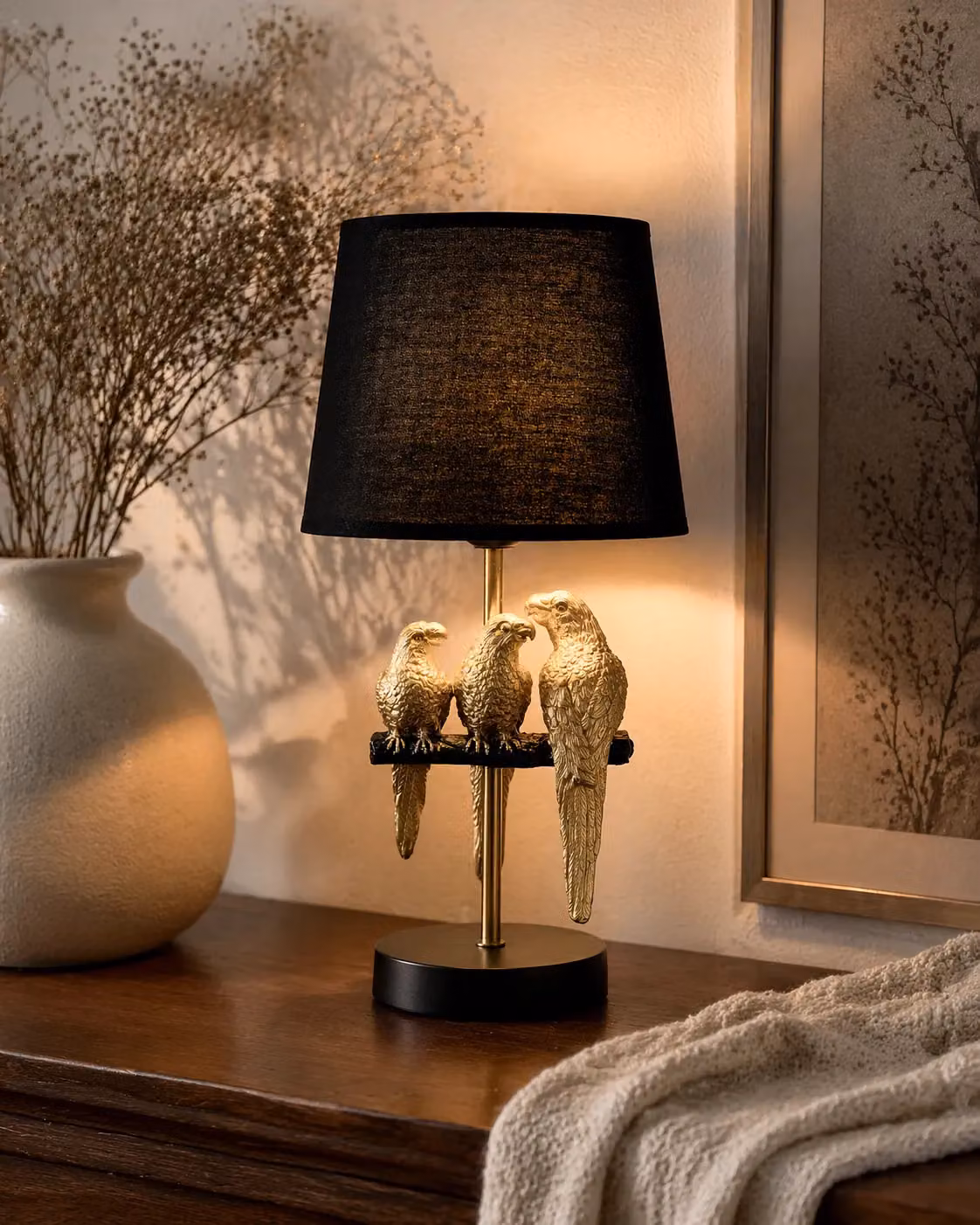 Hestia Parrot Design Table Lamp in Gold and Black with Fabric Shade, Height: 35 cm – 2