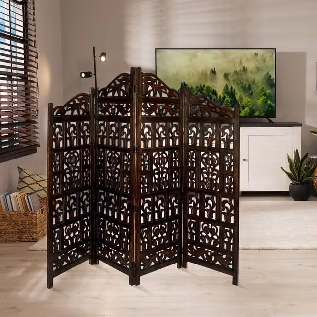 Topfurnishing Gamla 4 Panel Heavy Carved Wooden Room Divider Screen in Brown and Dark Brown with Floral Oriental Design