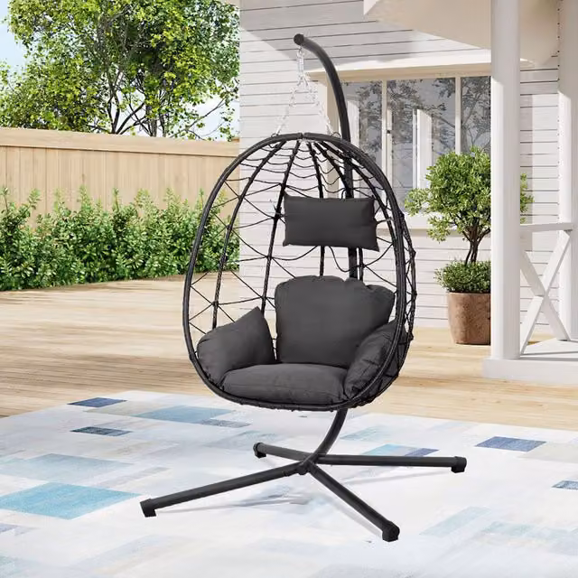 Livingandhome Folding Garden Hanging Egg Chair with Cushion in Black Rattan
