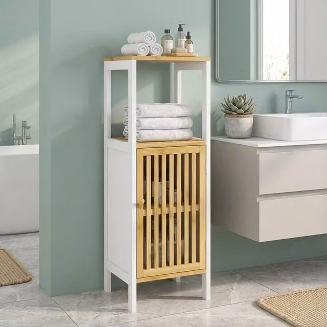 STILVORA White Freestanding Bathroom Storage Unit with Hinged Doors, Internal Shelves and Open Shelf