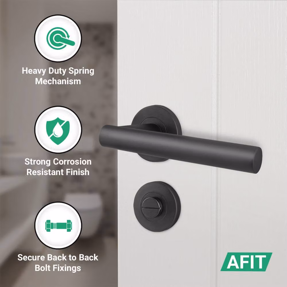 AFIT Matt Black T-Bar Lever Bathroom Door Handles with Lock and Hinge Kit, Stainless Steel – 3