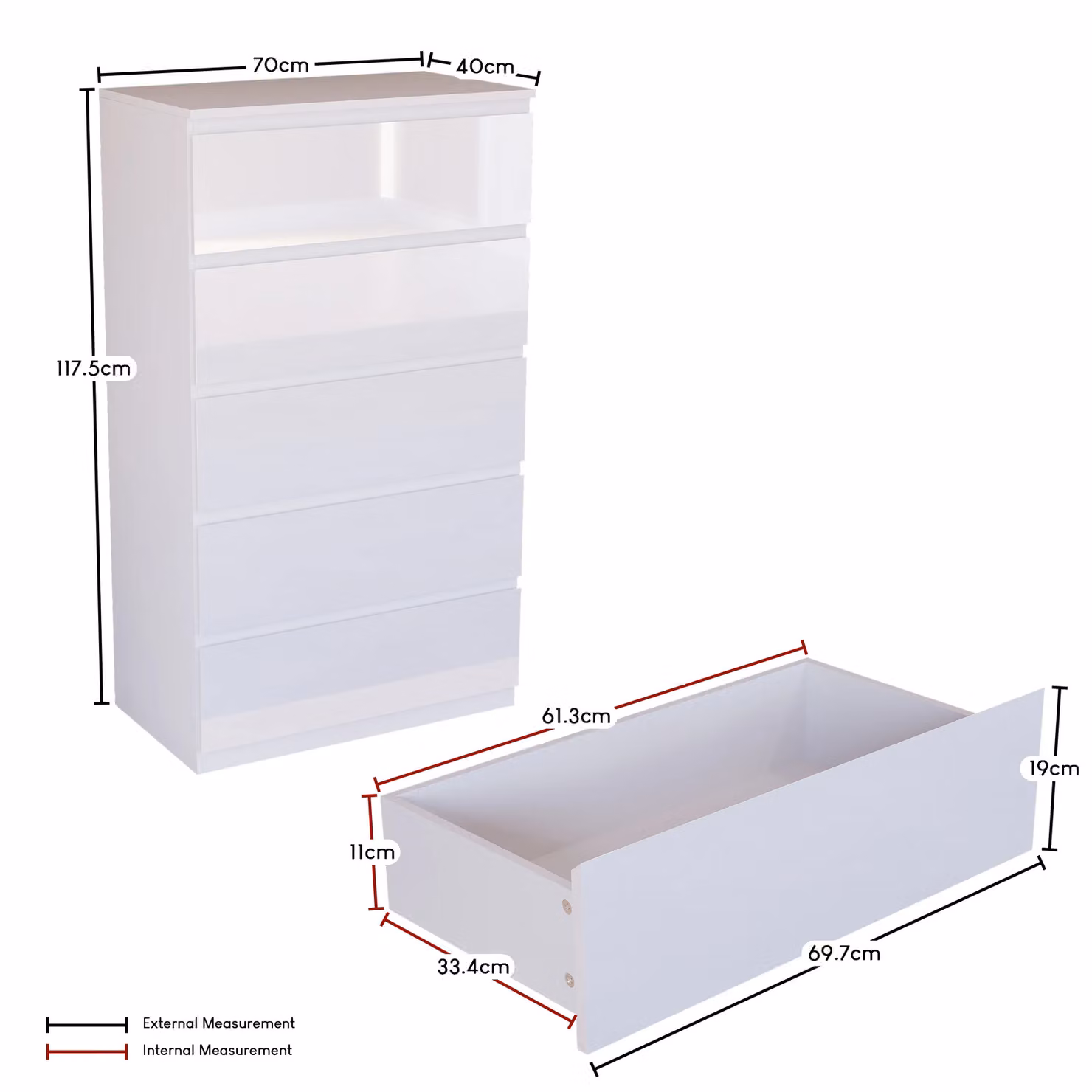 Vida Designs Glinton High Gloss 5 Drawer Chest of Drawers in White – 2