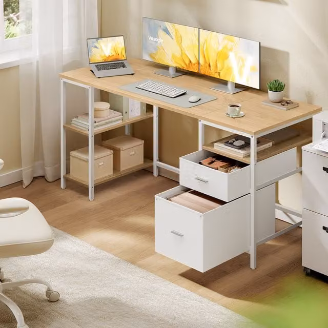 VASAGLE Modern Computer Desk with 3 Shelves and 2 Drawers in Yellow and White