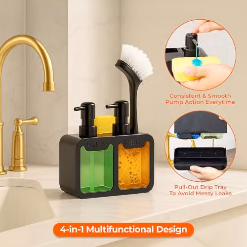 Innoteck Sink Organiser Set in Black with Dual 350ml Soap Dispensers, Sponge Holder and Removable Drip Tray – 2