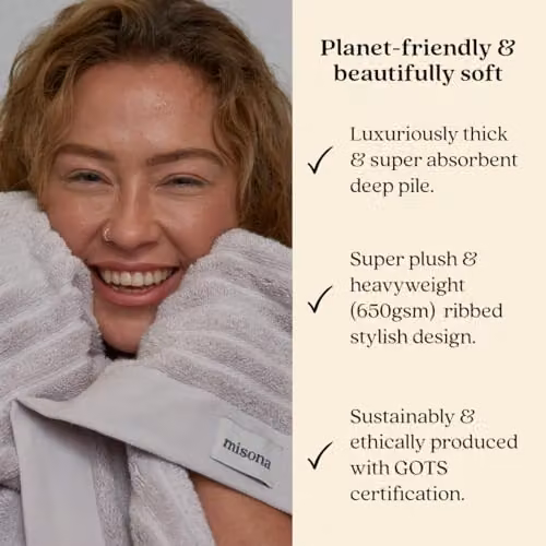 Misona Organic GOTS Cotton Ribbed Bath Towel, Light Grey, W: 70 cm, L: 125 cm – 2
