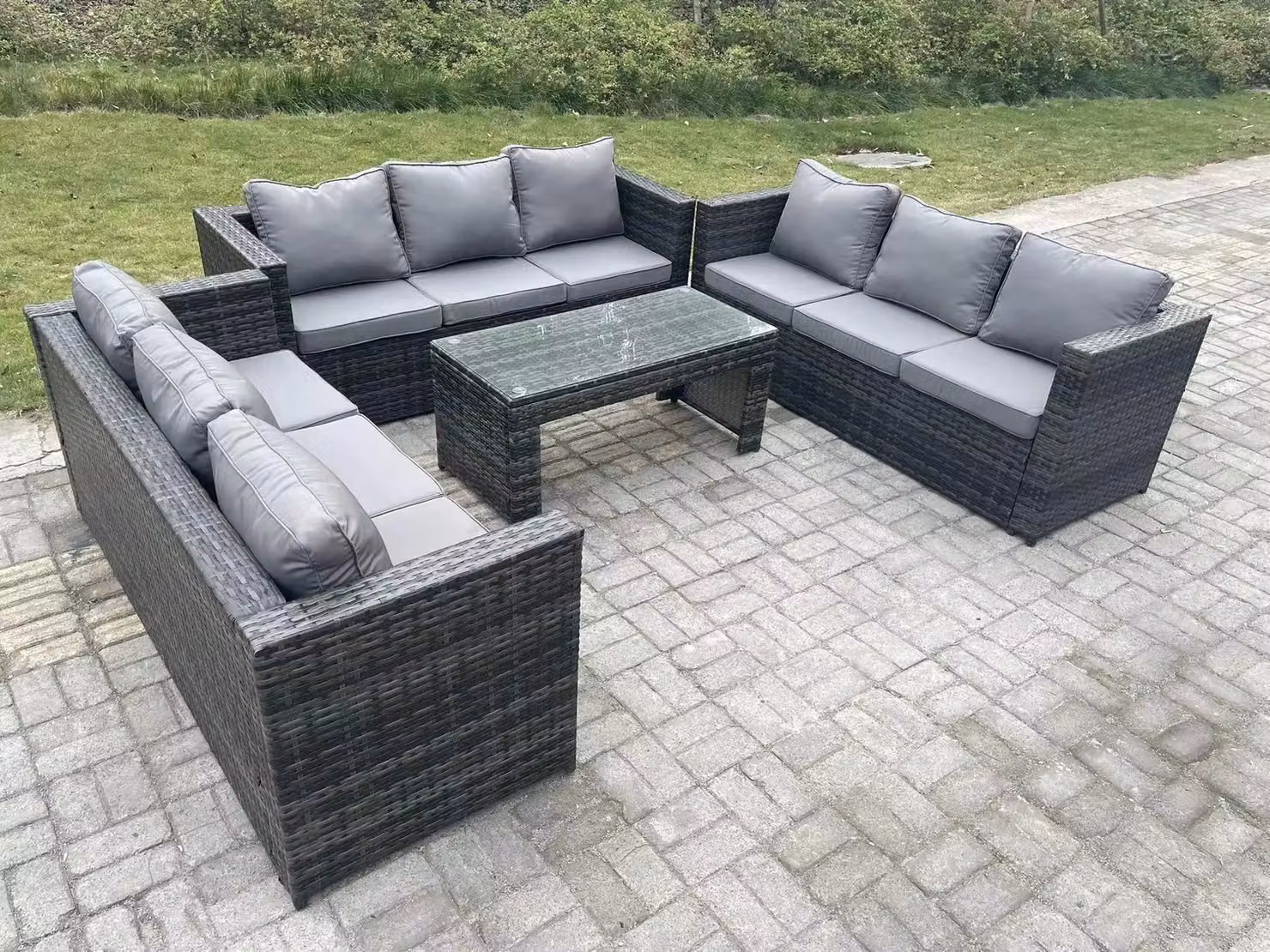Fimous Outdoor 3 Piece Rattan Garden Furniture Set with Three Seater Sofa and Coffee Table in Dark Grey – 3
