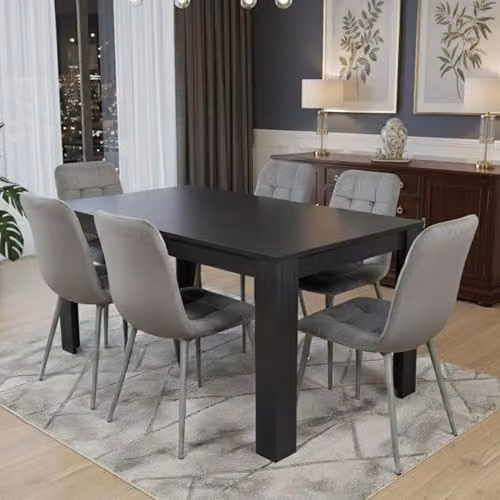 KOSY KOALA Modern 6 Seater Dining Table and Chairs Set in Grey Velvet and Metal, W/D/H: 117 x 77 x 75 cm – 2