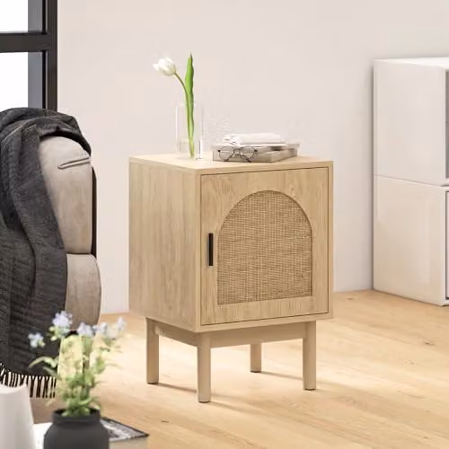 HOMCOM Boho Rattan Bedside Table with Adjustable Shelf, Beige – 3
