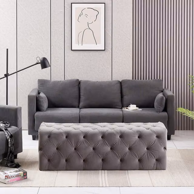 Life Interiors Melia Grey Velvet Chesterfield Ottoman Bench Large Single