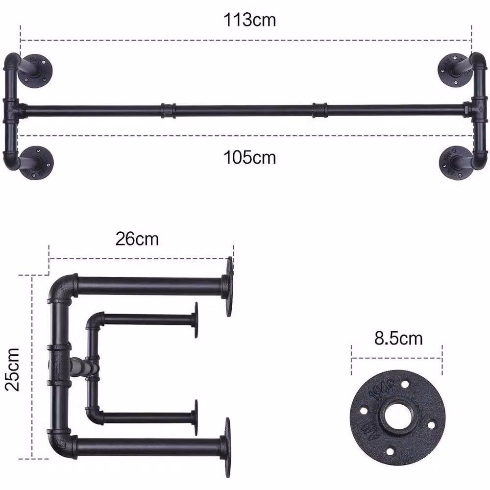 FLAVORA Industrial Metal Clothes Rail in Matt Black, Width: 105 cm – 5