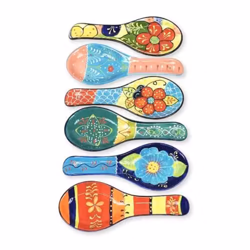 Verano Spanish Ceramics Hand Painted Floral Decorative Spoon Rest in Orange and Green