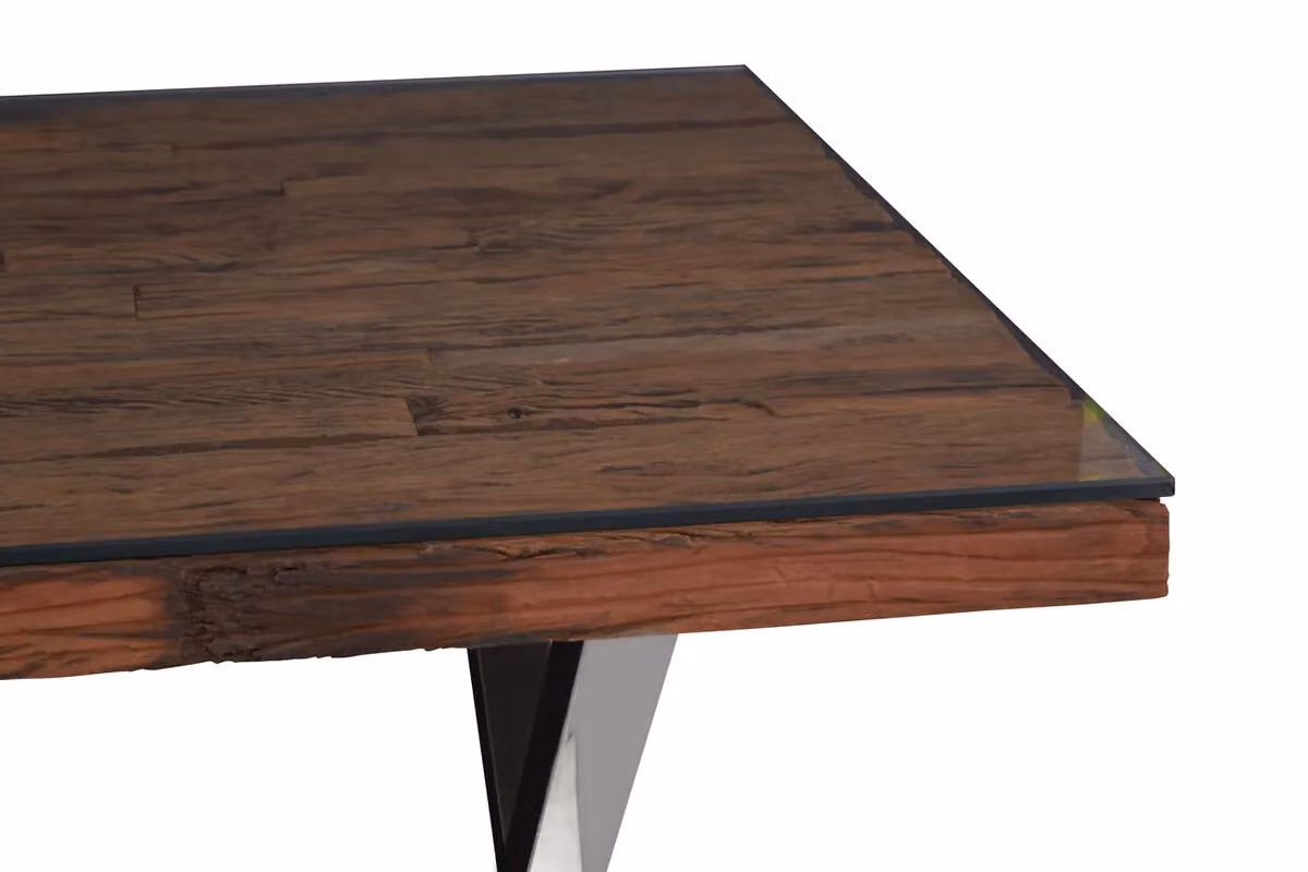 Fifty Five South Rustic Rectangular Glass Dining Table with X-Frame in Brown and Silver – 4