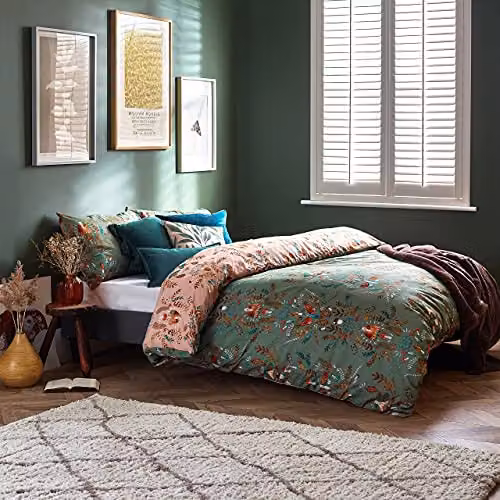 Riva Home Furn Luna Wood Reversible Floral Duvet Cover Set in Green and Pink, 200 x 200 cm – 2