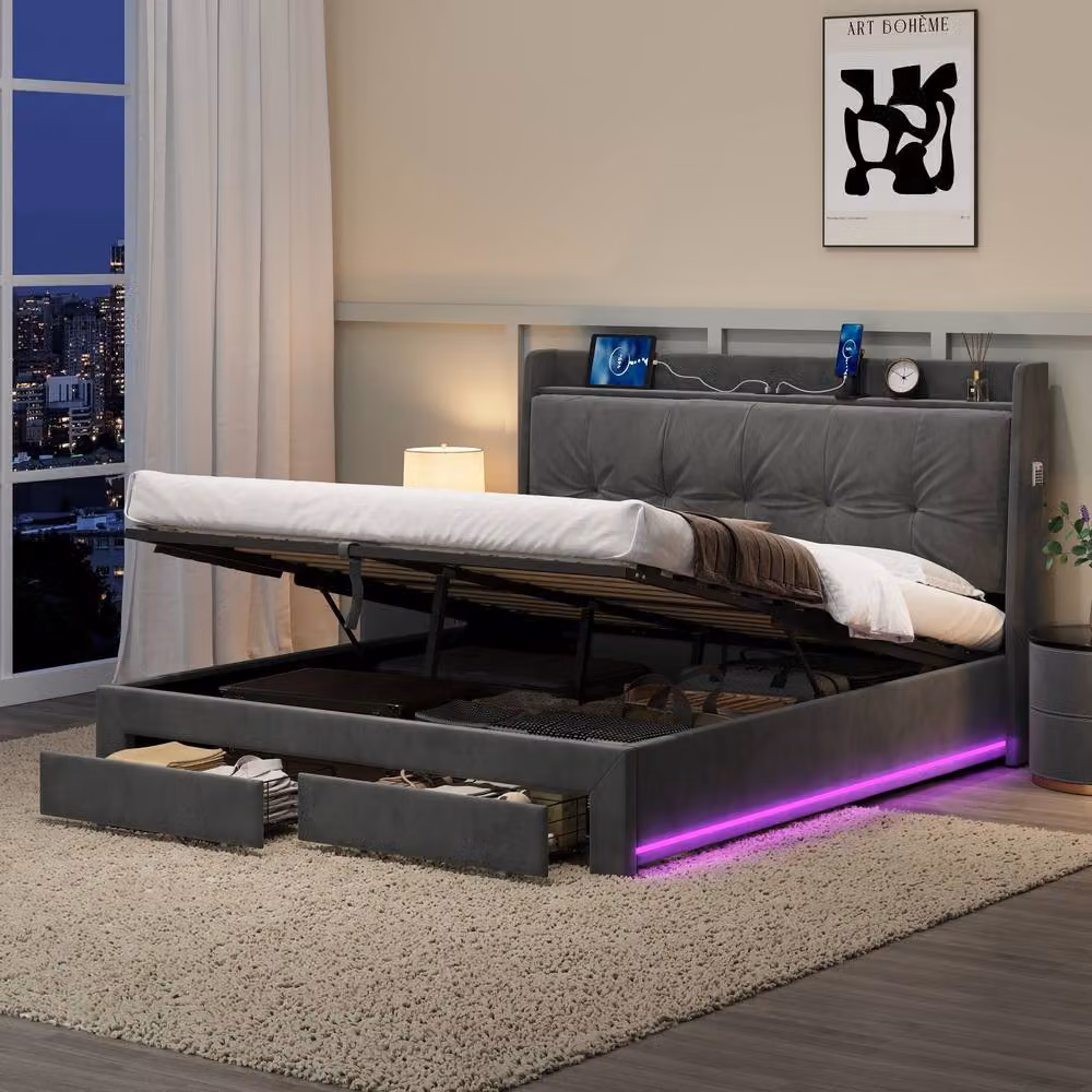 Merax Grey Velvet King Size Ottoman Storage Bed Frame with LED Lighting and USB Charging Port, W/D/H: 150 x 200 x 111 cm – 2